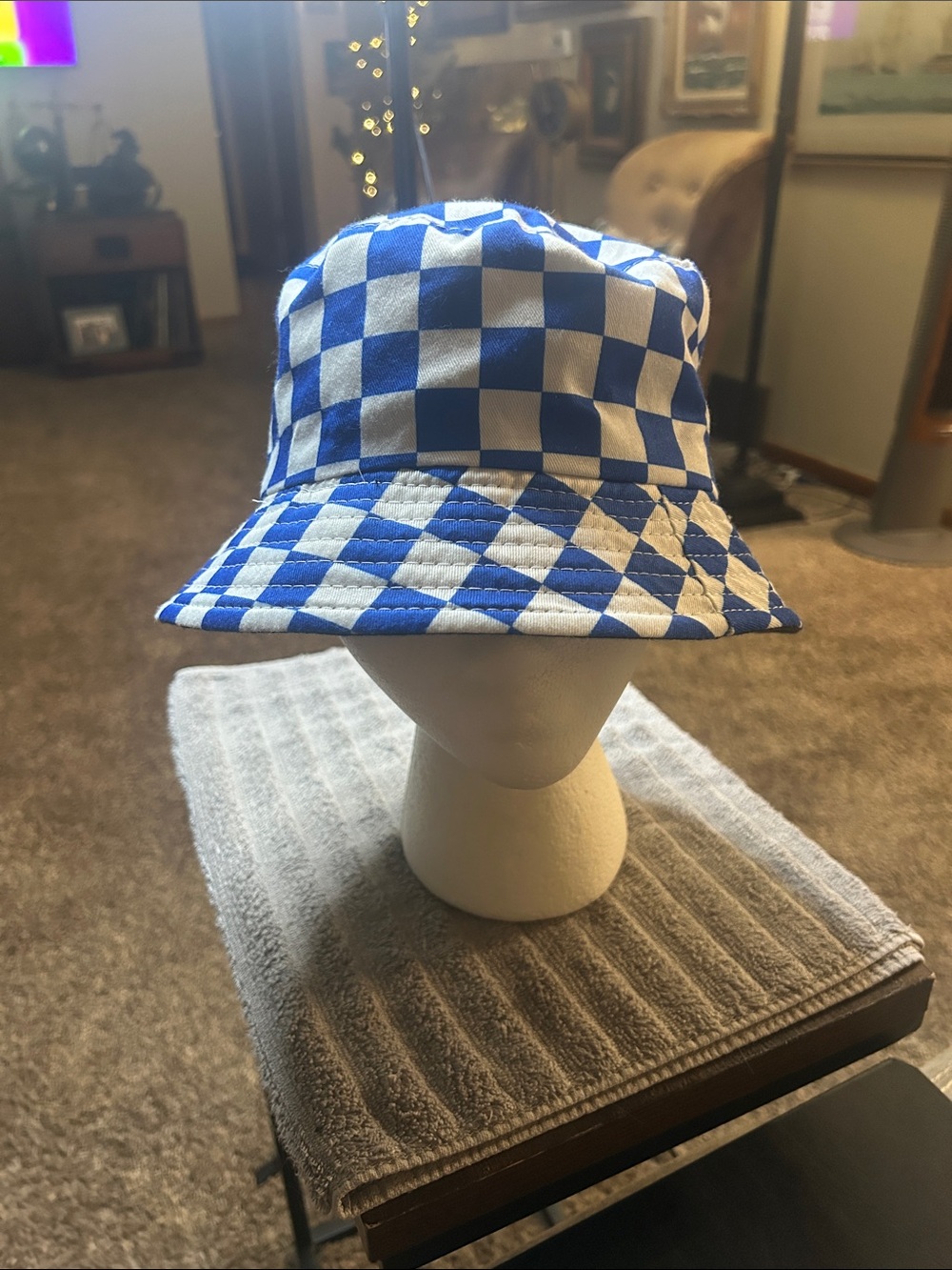 Kids Blue & White Checkered Bucket Hat - Casual Sun Hat